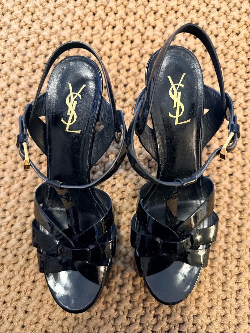 Saint Laurent Tribute 100 Black Patent Platform Sandals - Picture 2 of 9